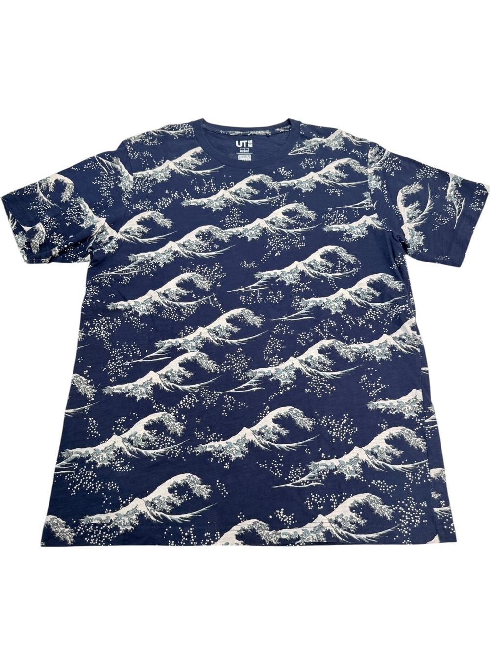 Uniqlo Navy Blue Short-Sleeve Tee White Wave Print Mens Large AOP